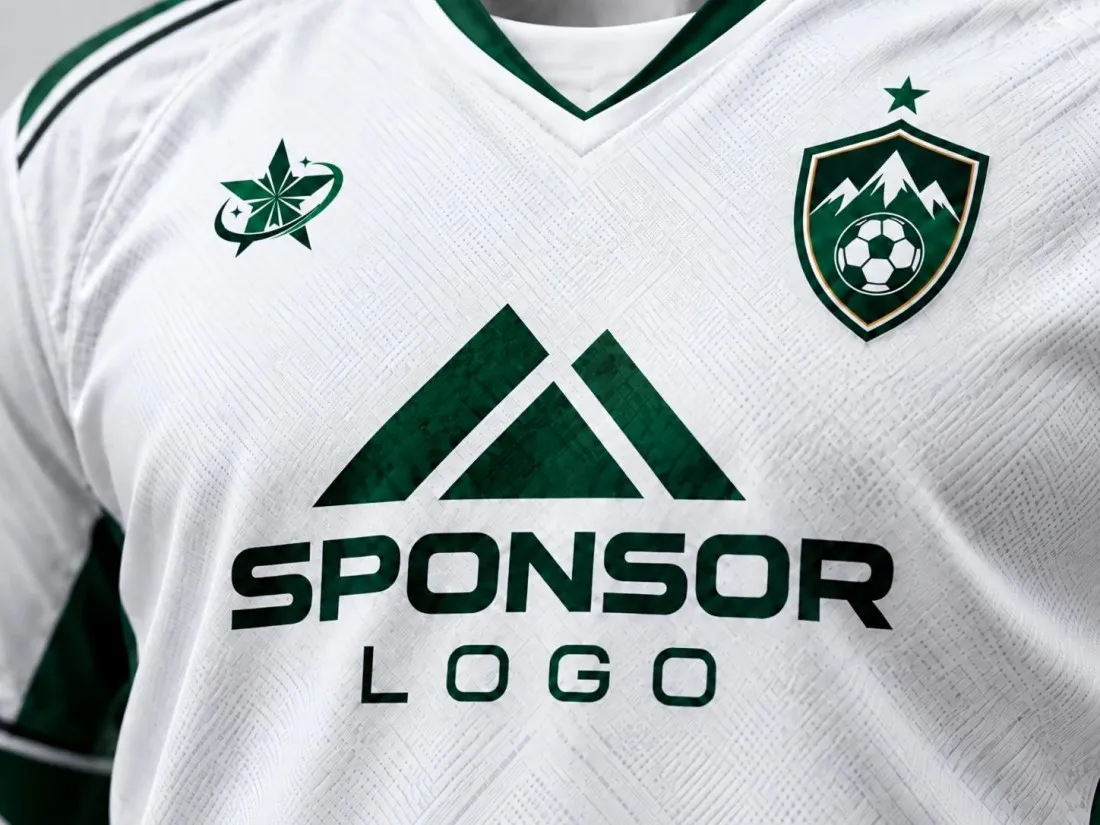 Close-up of a custom soccer jersey with a large sponsor logo on the chest.fastcustomjerseys logo