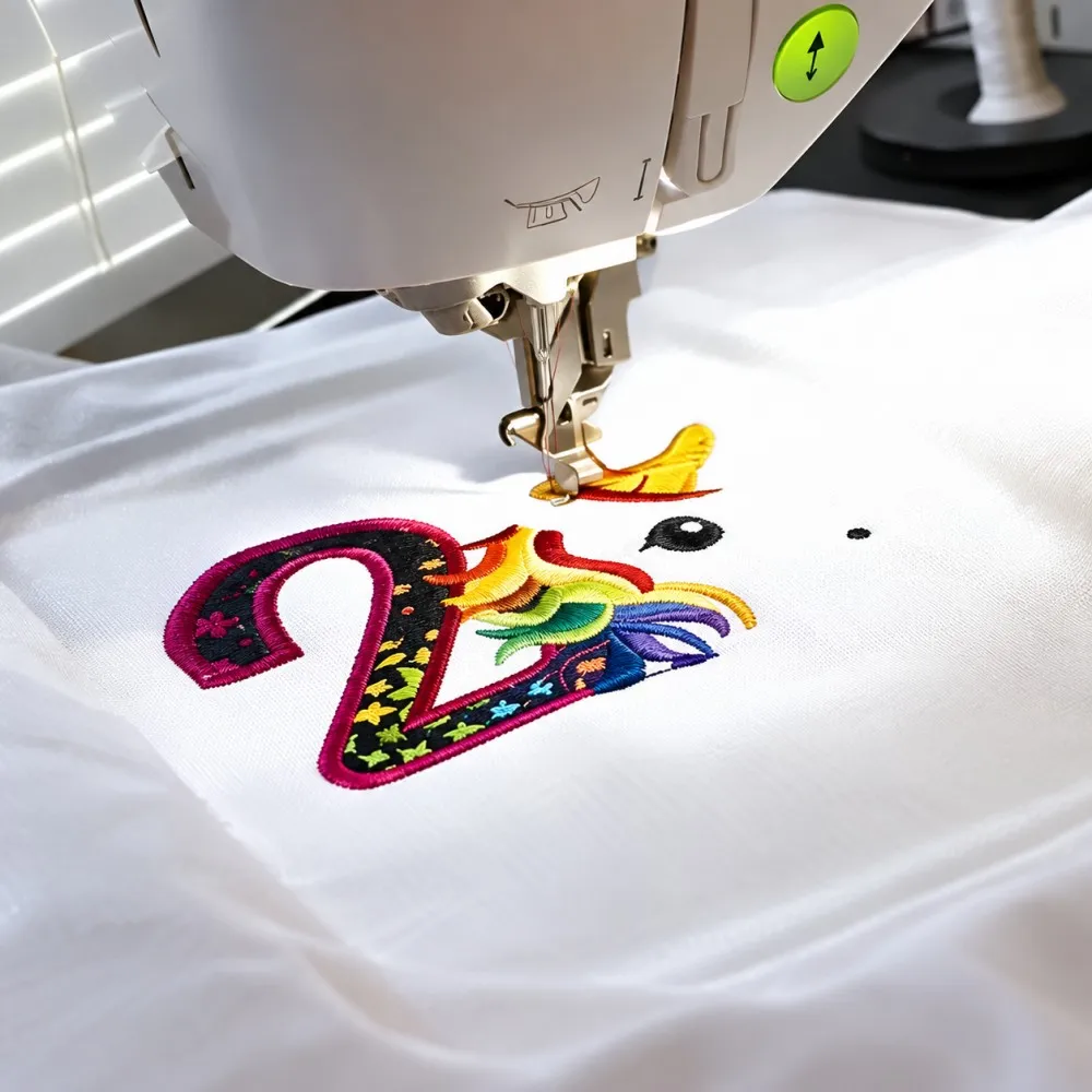 Embroidery machine stitching a colorful design onto a white jersey.