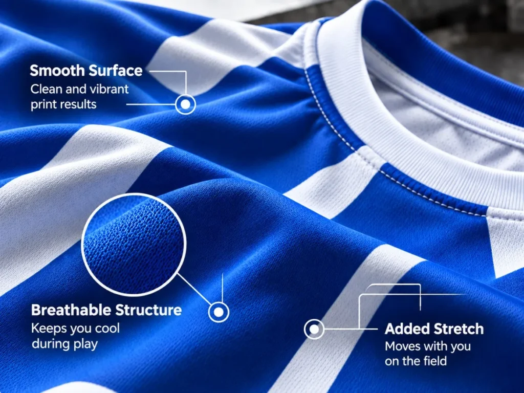 Close-up of blue and white custom soccer jersey fabric showing breathable mesh, smooth surface, and added stretch.