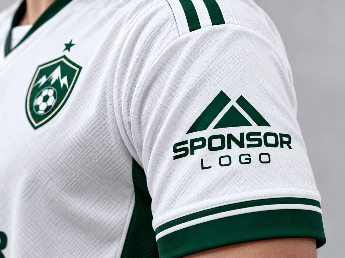 Close-up of a custom soccer jersey with a sponsor logo on the sleeve.
