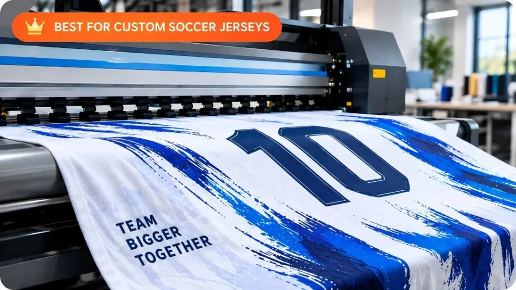 Sublimation printing machine producing a blue and white custom soccer jersey design.