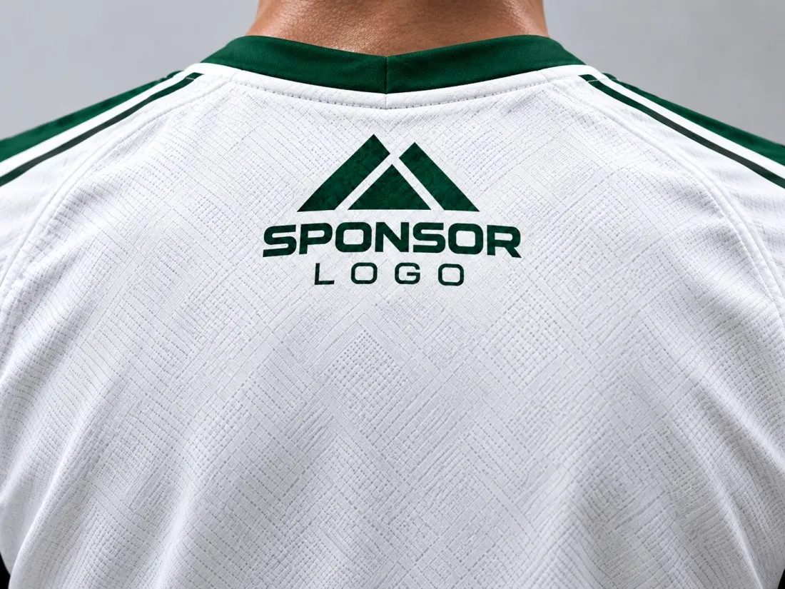 Back view of a custom soccer jersey with a sponsor logo below the collar.