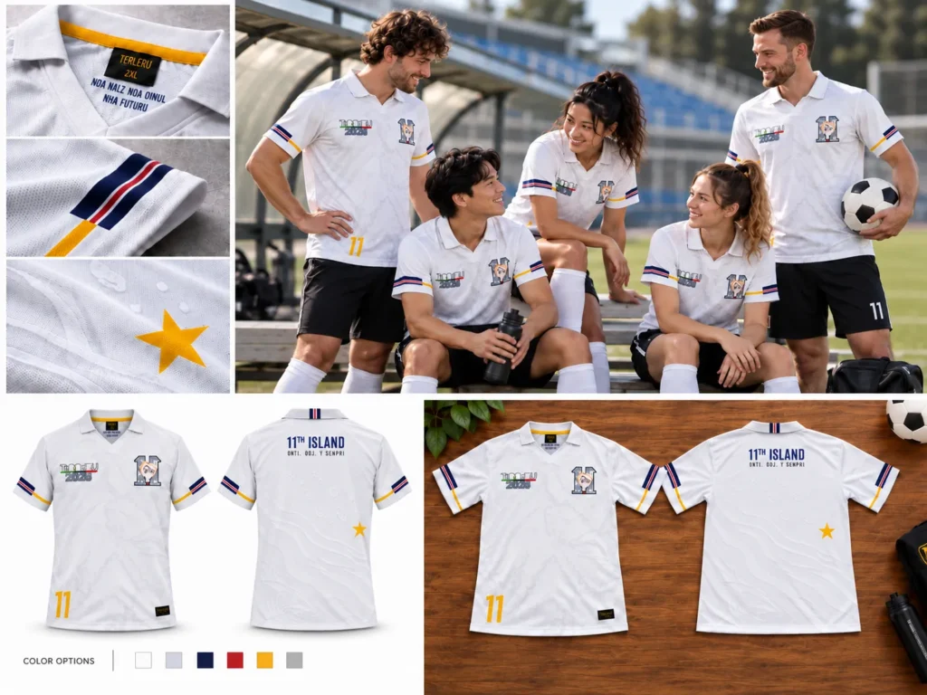 Custom white soccer jerseys with team logos, player details, matching sleeve accents, and coordinated team uniforms.