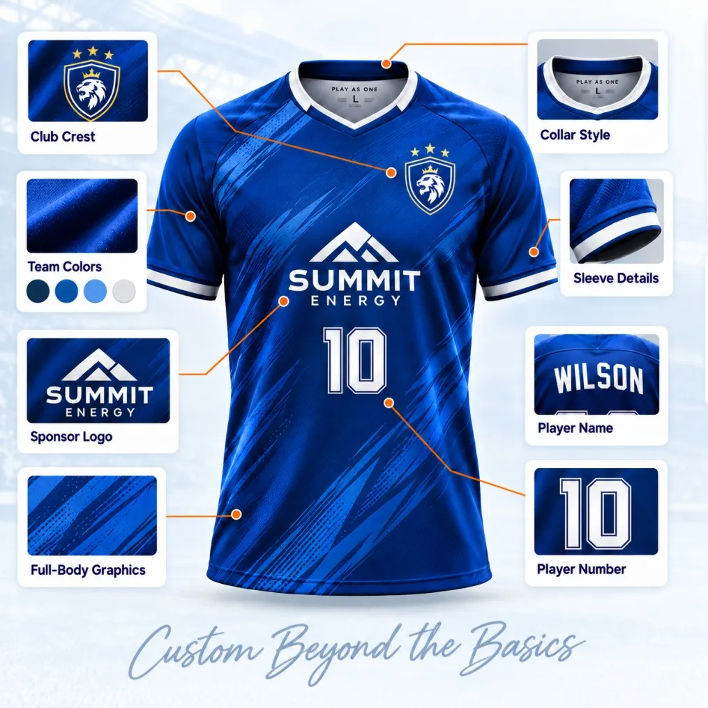 Custom soccer jersey showing club crest, team colors, sponsor logo, collar style, sleeve details, player name, number, and full-body graphics.
