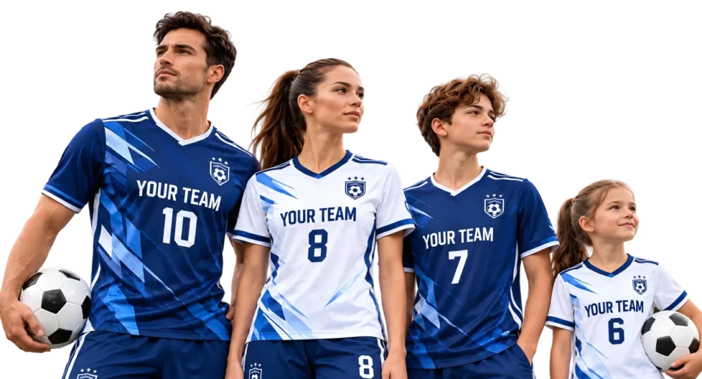 Men, women, youth, and kids wearing custom soccer jerseys in matching team colors.