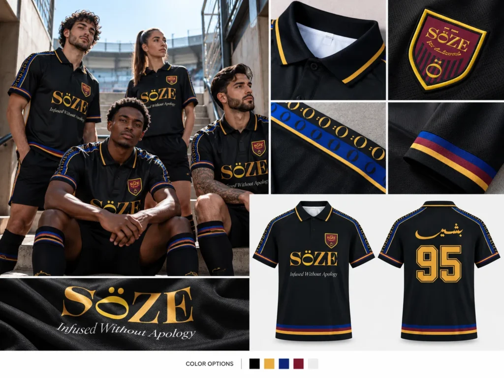 Custom black soccer jerseys featuring a polo collar, woven crest, sponsor graphics, sleeve details, and matching team uniforms.