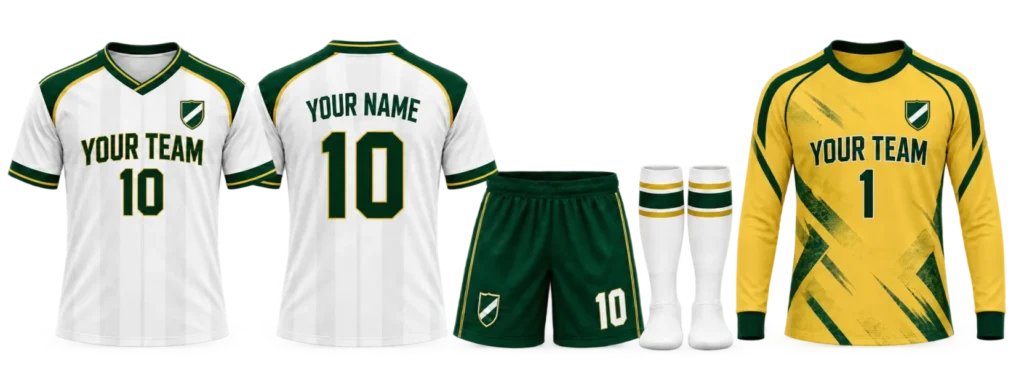 Custom soccer team kit with jersey, shorts, socks, and goalkeeper jersey.