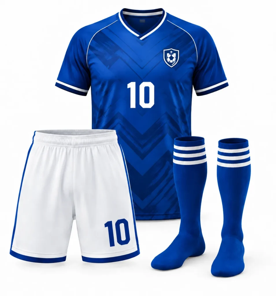 Complete custom soccer kit with blue jersey, white shorts, and matching socks.