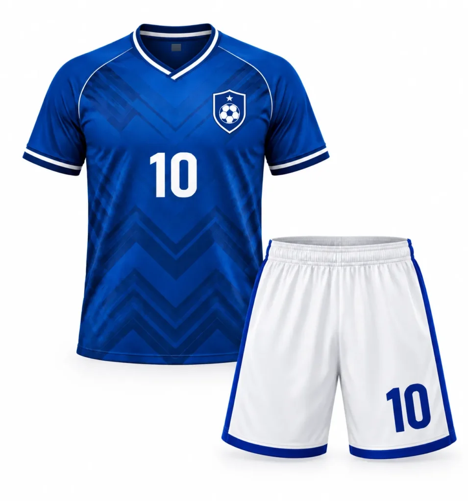 Custom soccer uniform set with blue jersey and white shorts.