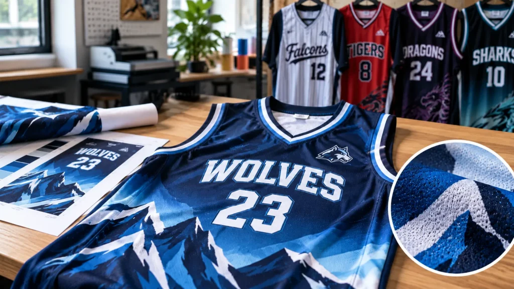 Custom basketball jersey displayed with team colors, artwork, and fabric detail.