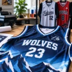 Custom basketball jersey displayed with team colors, artwork, and fabric detail.