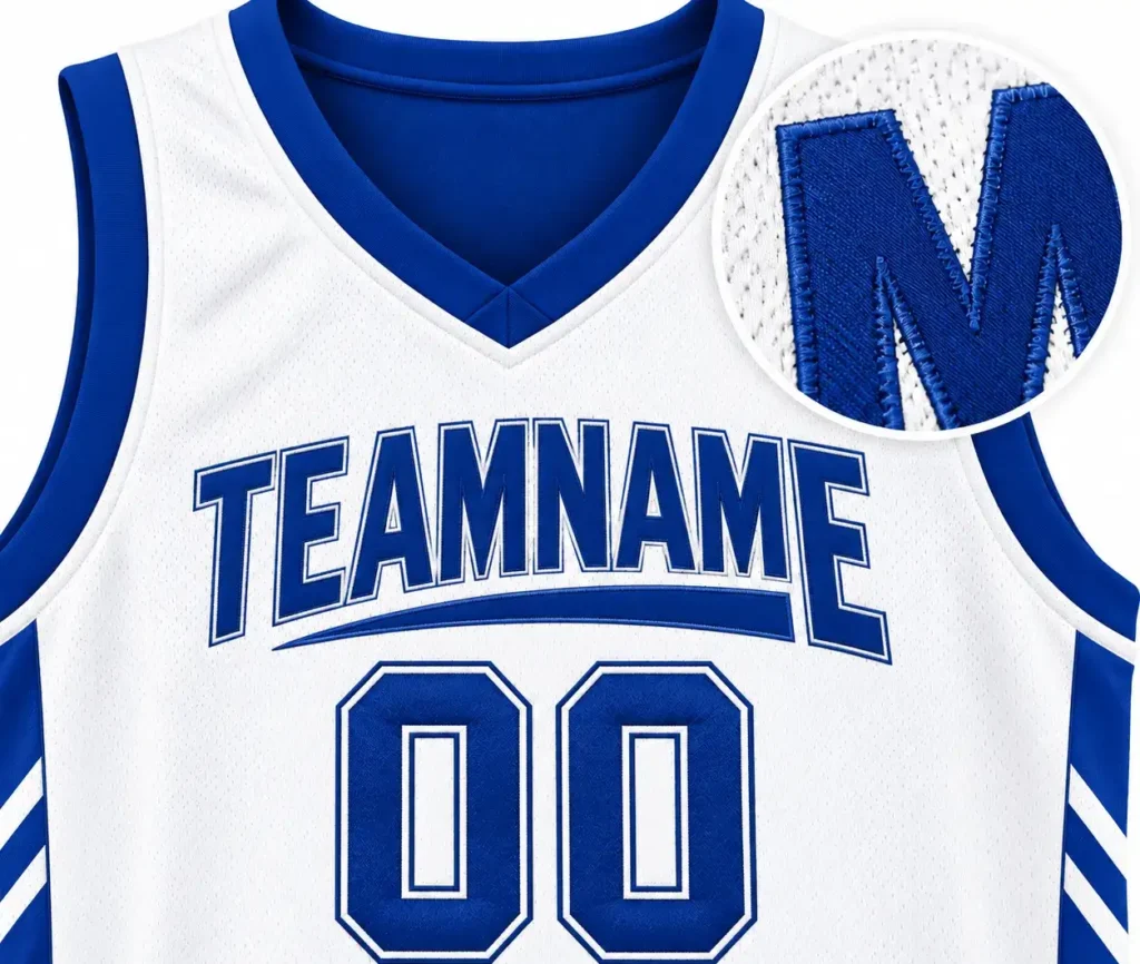 Close-up of a custom basketball jersey with stitched tackle twill team name and number details.