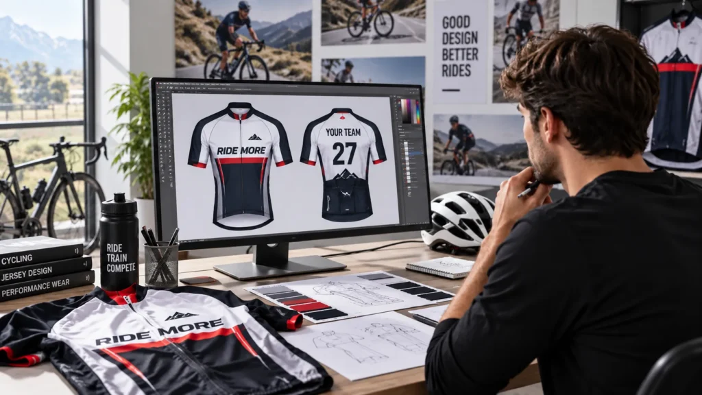 Designer creating a custom cycling jersey with a digital mock-up and fabric samples.