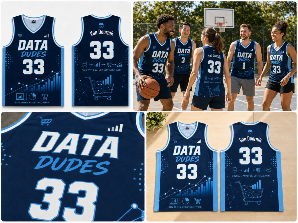 Collage of custom basketball jerseys for Data Dudes showing front and back views, detail shots, and players wearing the jerseys on court.
