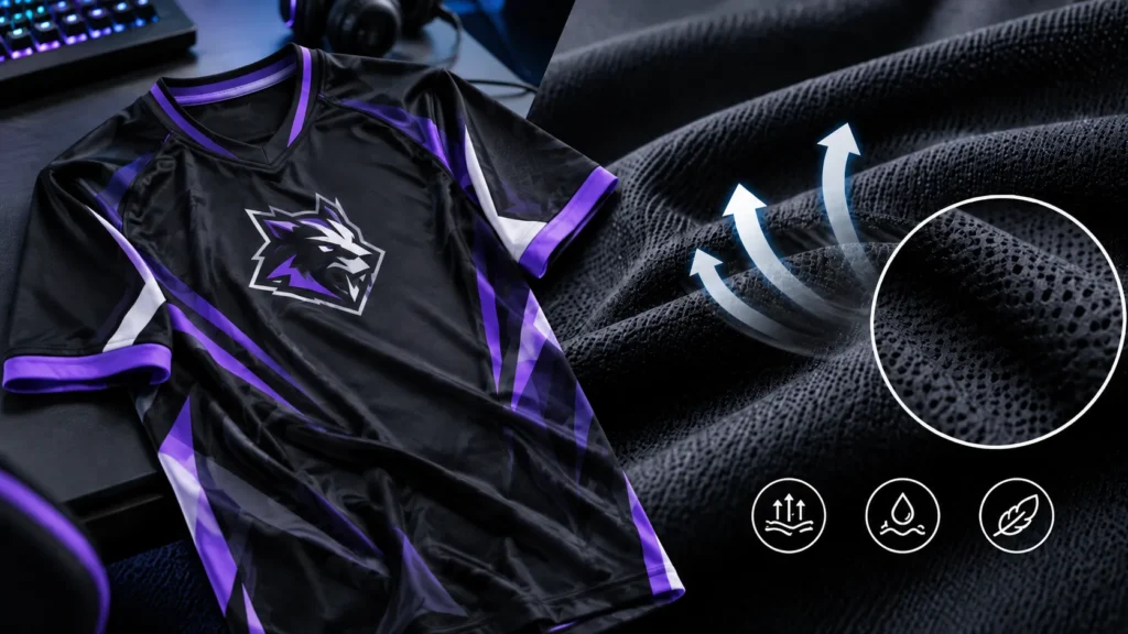 Black and purple esports jersey shown with a close-up of breathable mesh fabric.