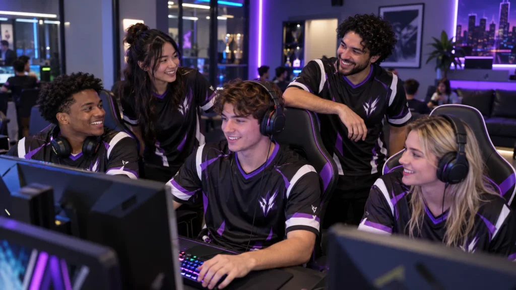 Esports team wearing matching black and purple custom esports jerseys.