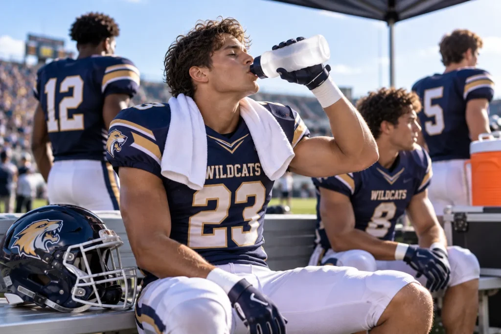 Football player wearing a custom football jersey and drinking water on the sideline.