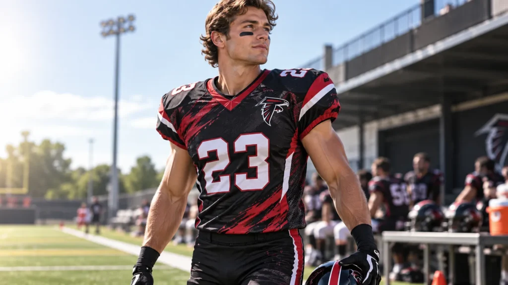 Football player wearing a black and red custom football jersey on the field.