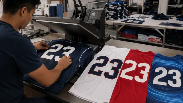 Worker applying player numbers to custom jerseys during production.
