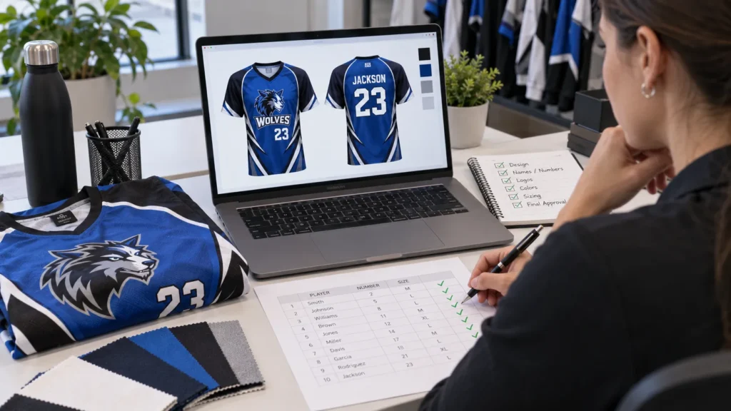 Woman checking player names, numbers, sizes, and a blue custom jersey design.