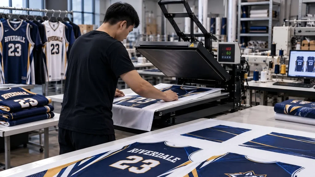 production.webp Worker applying a custom jersey design with a heat press in a production workshop.