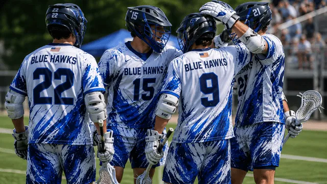 Lacrosse players wearing matching blue and white team jerseys with names and numbers.
