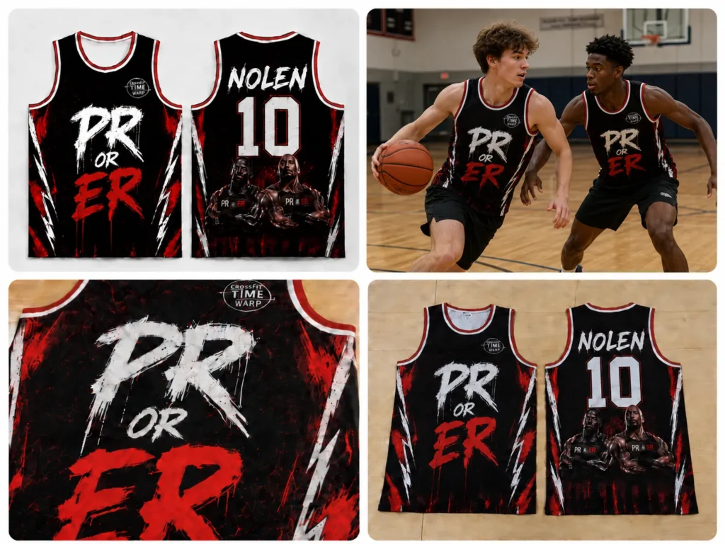 Collage of custom basketball jerseys showing the PR OR ER design with front and back views, close-up detail, and players in action.