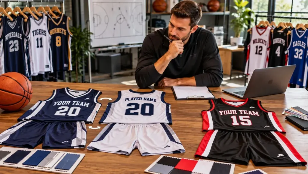 Custom basketball jersey sets with different colors and reversible design options displayed on a table.