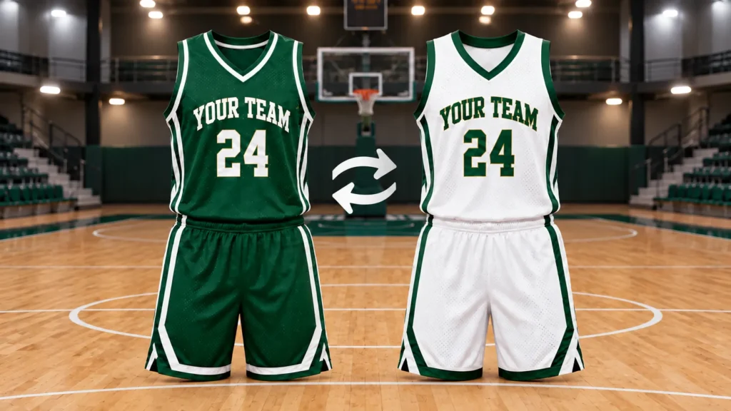 Green and white reversible basketball jersey showing two color options in one uniform.
