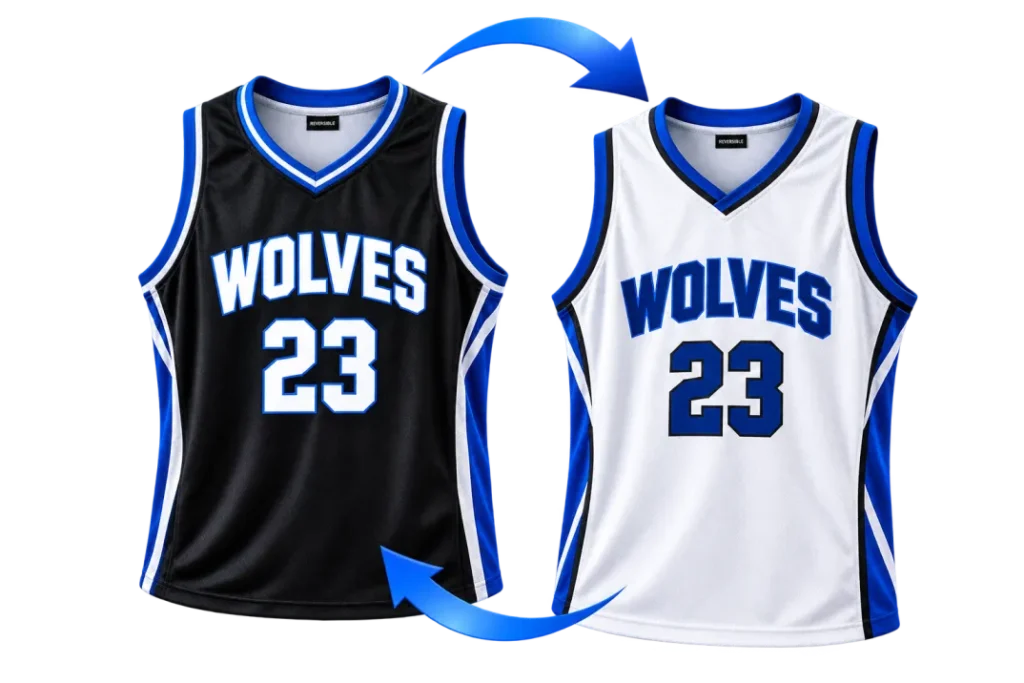 Reversible basketball jersey showing two different team uniform designs in black and white.