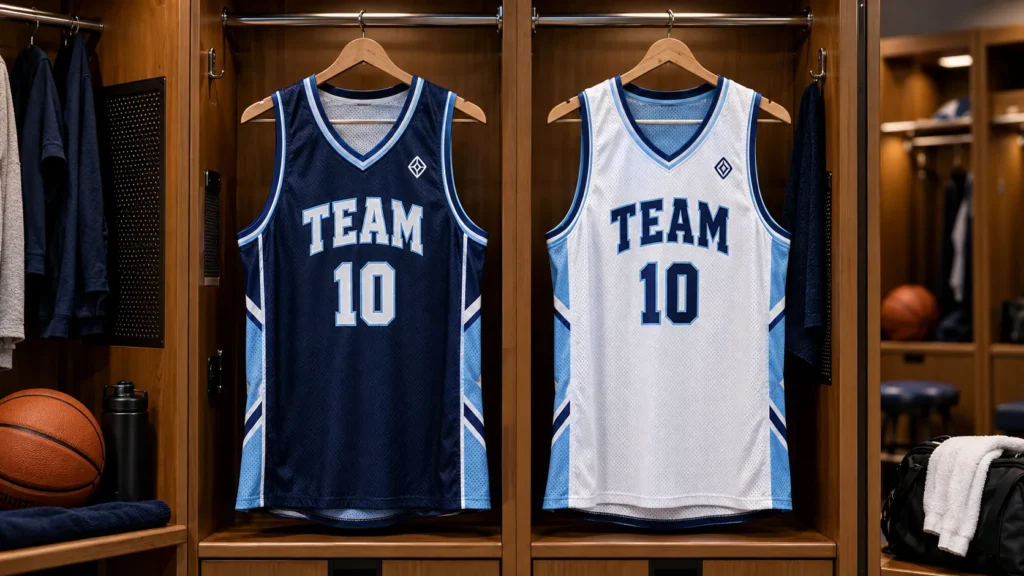 Navy and white reversible basketball jerseys displayed in a locker room to show two color options.