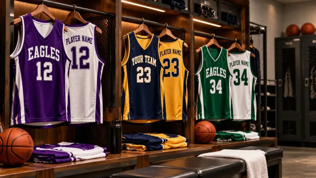 Custom basketball jerseys in multiple team colors hanging in a locker room.