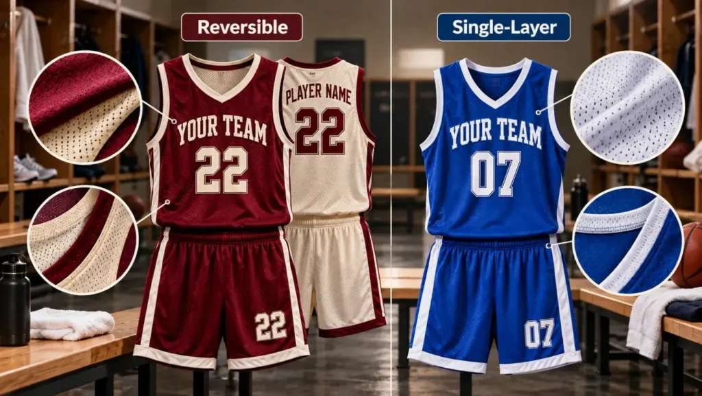 Reversible and single-layer custom basketball jerseys compared side by side.