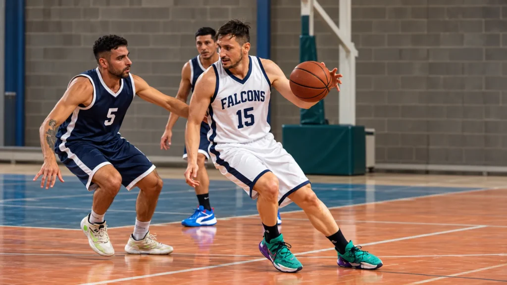 Basketball players wearing single-layer jerseys during an indoor basketball game.