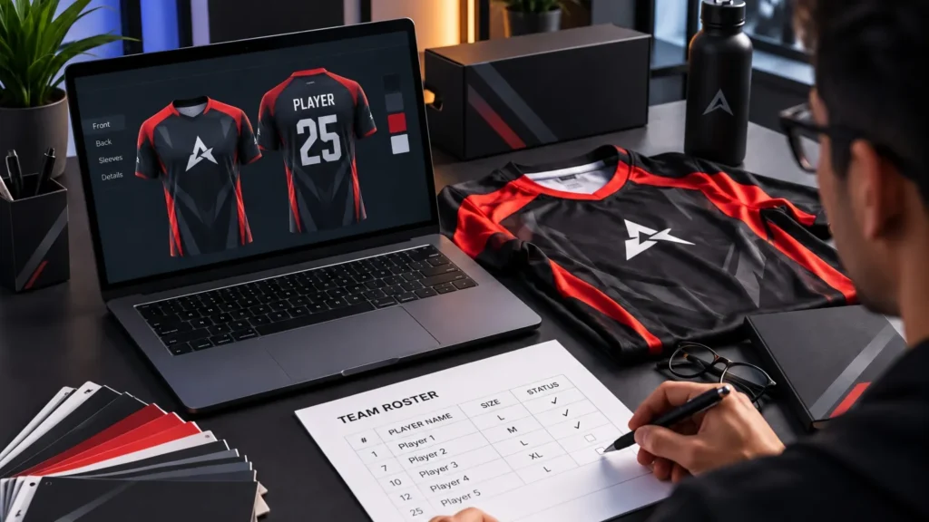 Person reviewing a custom team jersey design and player roster on a desk.