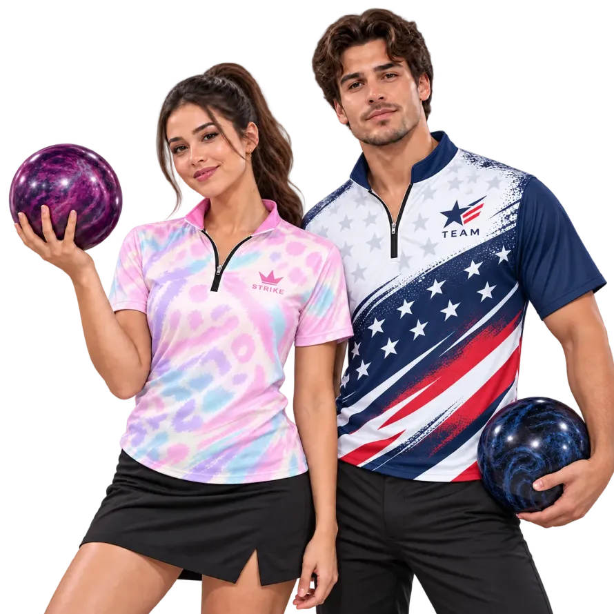 Men and women wearing personalized bowling jerseys with custom colors and bowling-inspired artwork.