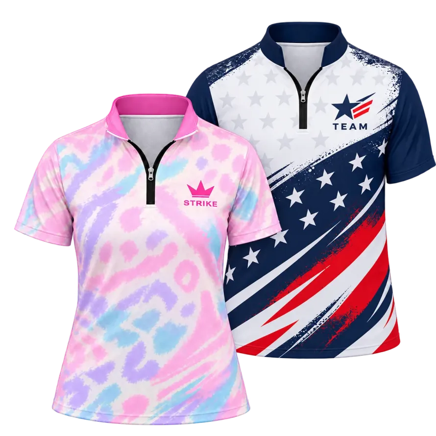 Custom quarter zip bowling jerseys with unique sublimated designs for bowling teams and players.