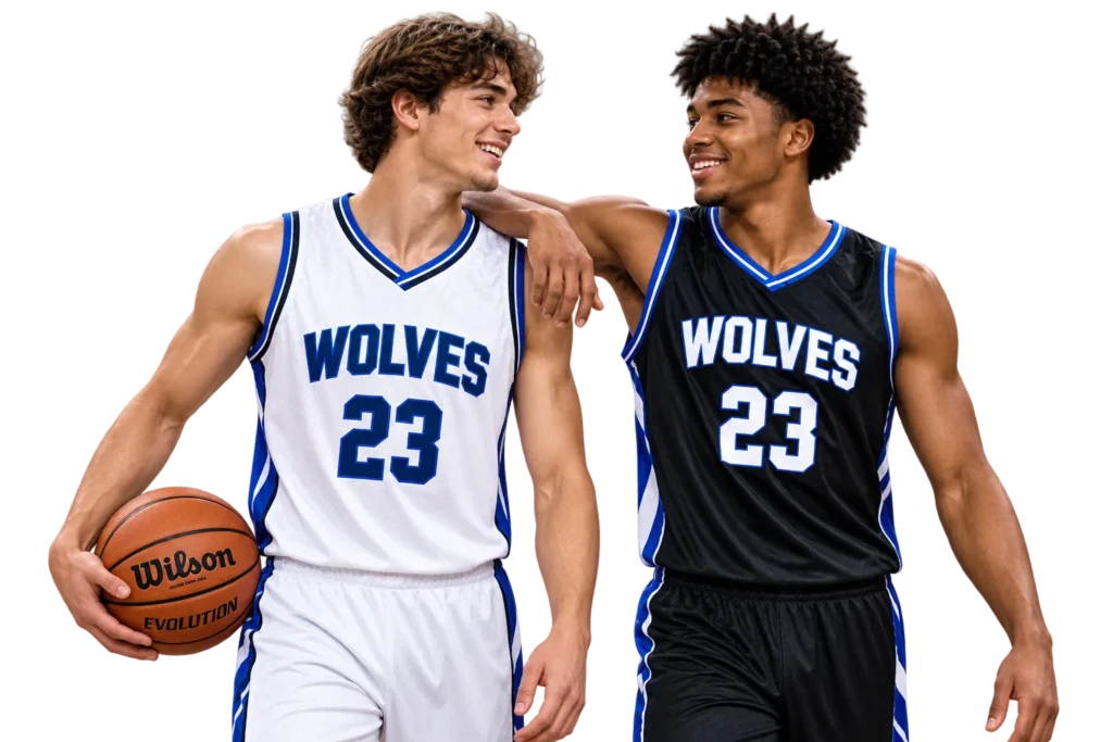 Two basketball players wearing custom reversible basketball jerseys with different color sides and matching team designs.