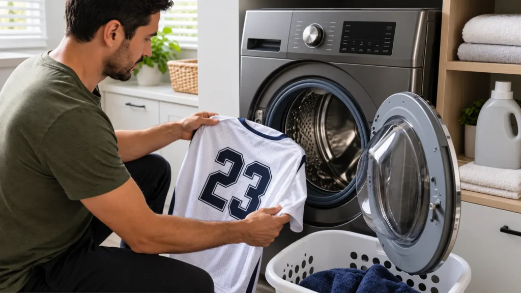 Man preparing to wash a white sports jersey with number 23 in a washing machine.