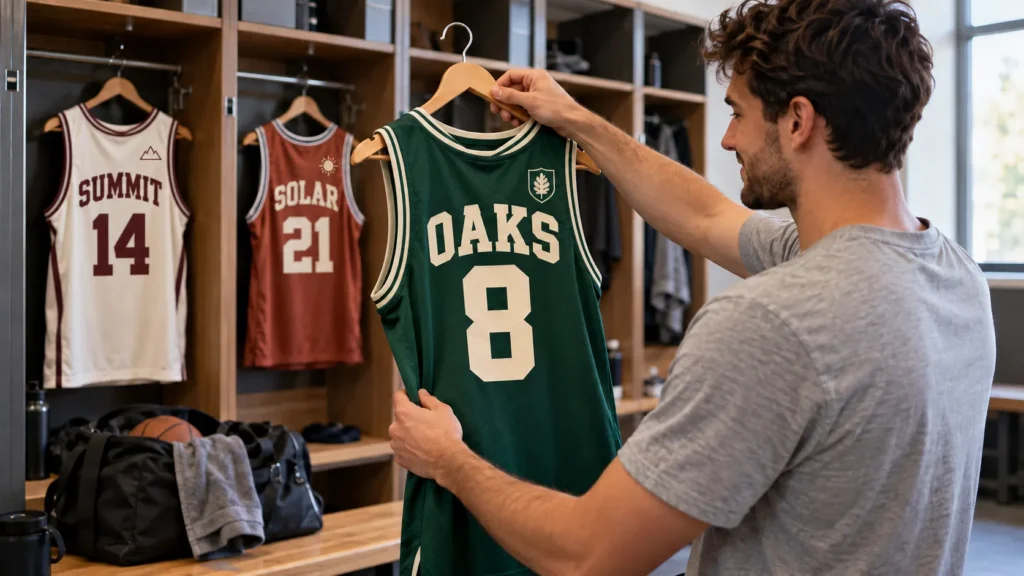 A basketball player choosing a green custom basketball jersey in a locker room with other personalized team jerseys hanging in the background.