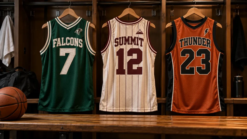 Three custom basketball jerseys in green, cream, and orange displayed in a locker room with different team names, numbers, colors, and logo designs.