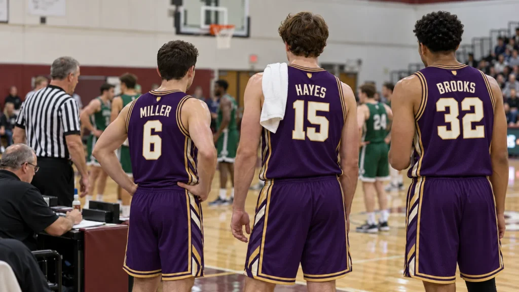 Three basketball players wearing matching purple custom basketball jerseys with personalized player names and numbers on the back during a game.