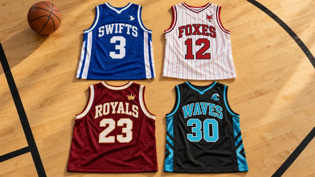 Four custom basketball jerseys in blue, white, red, and black displayed on a basketball court with different team names, numbers, logos, and color combinations.