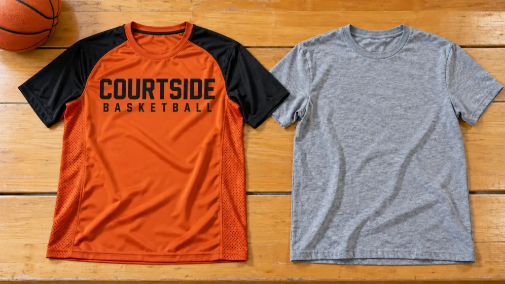 Orange and black basketball shooting shirt displayed beside a gray athletic T-shirt on a basketball court, showing two warm-up shirt styles.