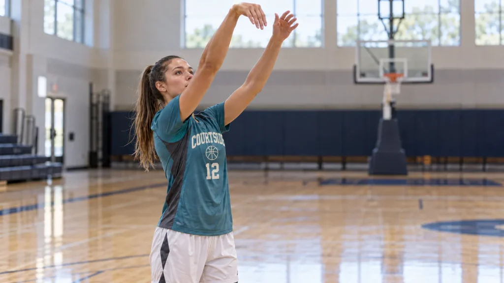 Female basketball player taking a jump shot in an indoor gym while wearing a teal basketball shooting shirt and white training shorts.
