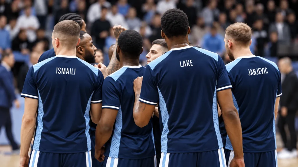 Basketball team wearing matching navy custom basketball shooting shirts with personalized player names on the back during a team huddle.