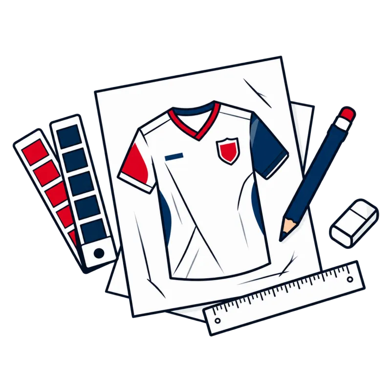 Illustration of a custom soccer jersey design sketch with color swatches, pencil, ruler, and design tools.