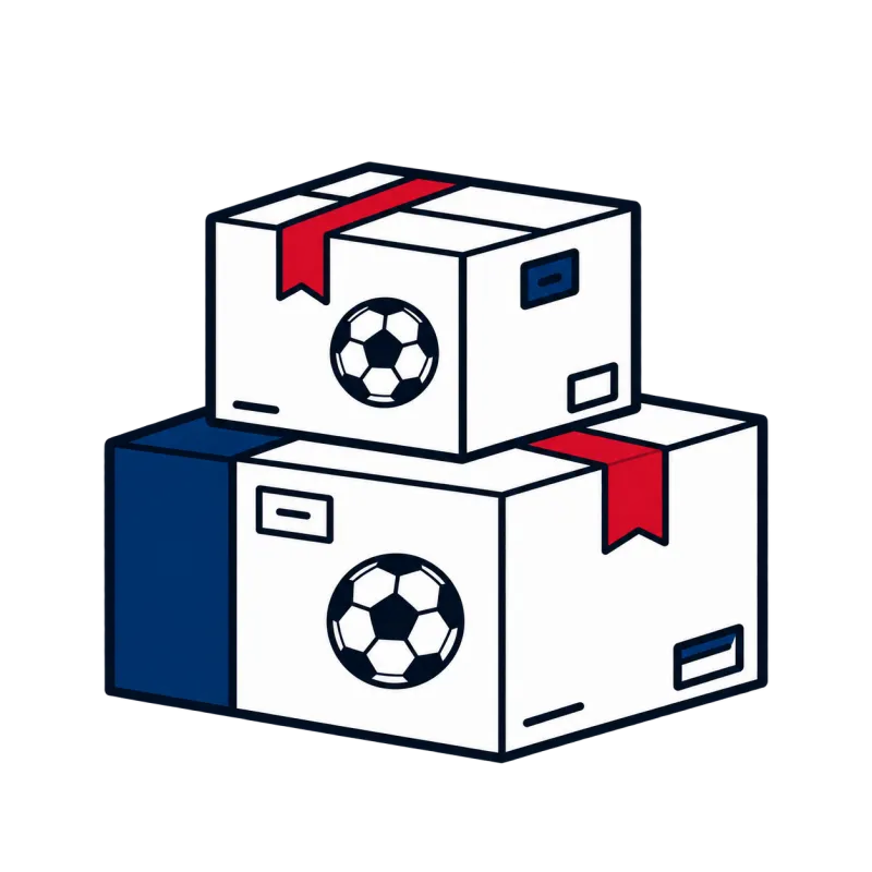 Illustration of packaged custom soccer jerseys in shipping boxes marked with soccer ball graphics.