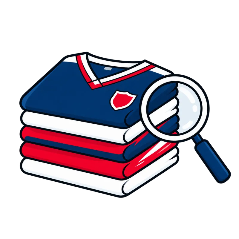 Illustration of stacked custom soccer jerseys with a magnifying glass representing jersey quality inspection.