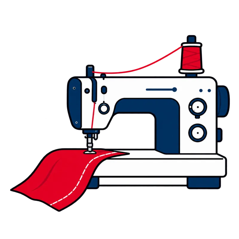 Illustration of a sewing machine stitching fabric during custom soccer jersey production.